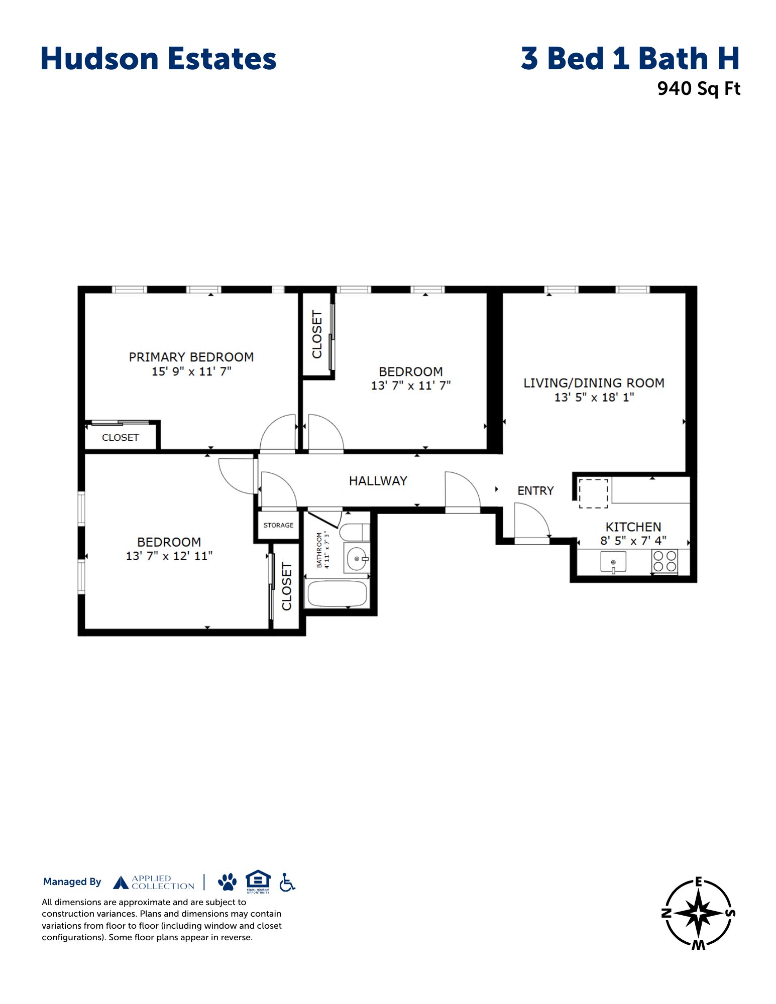 Floor plan for 3 beds, 1 bath, 940 sqft